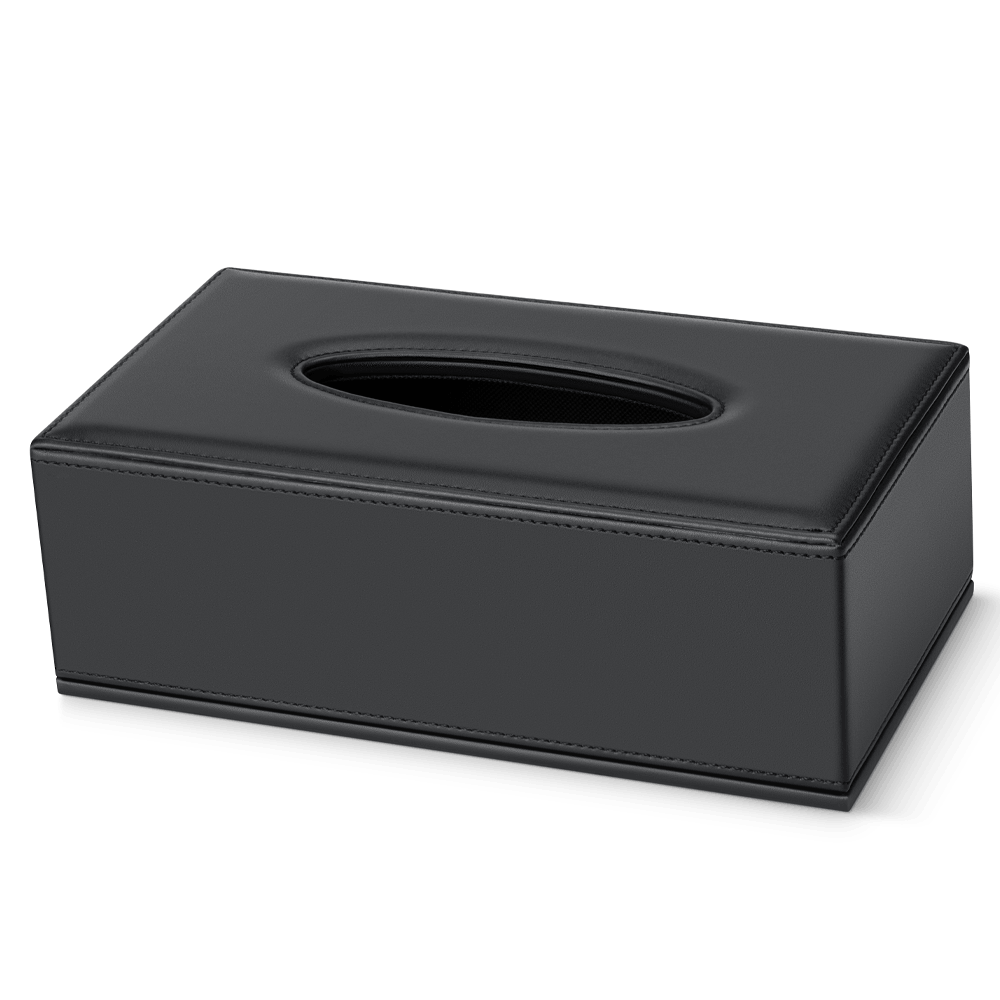 SWEEP Rectangular Leatherette Tissue Box in Black, showing its oval tissue opening