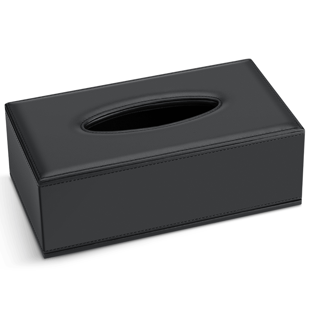 Angled view of the Black SWEEP rectangular tissue box cover with stitched edges