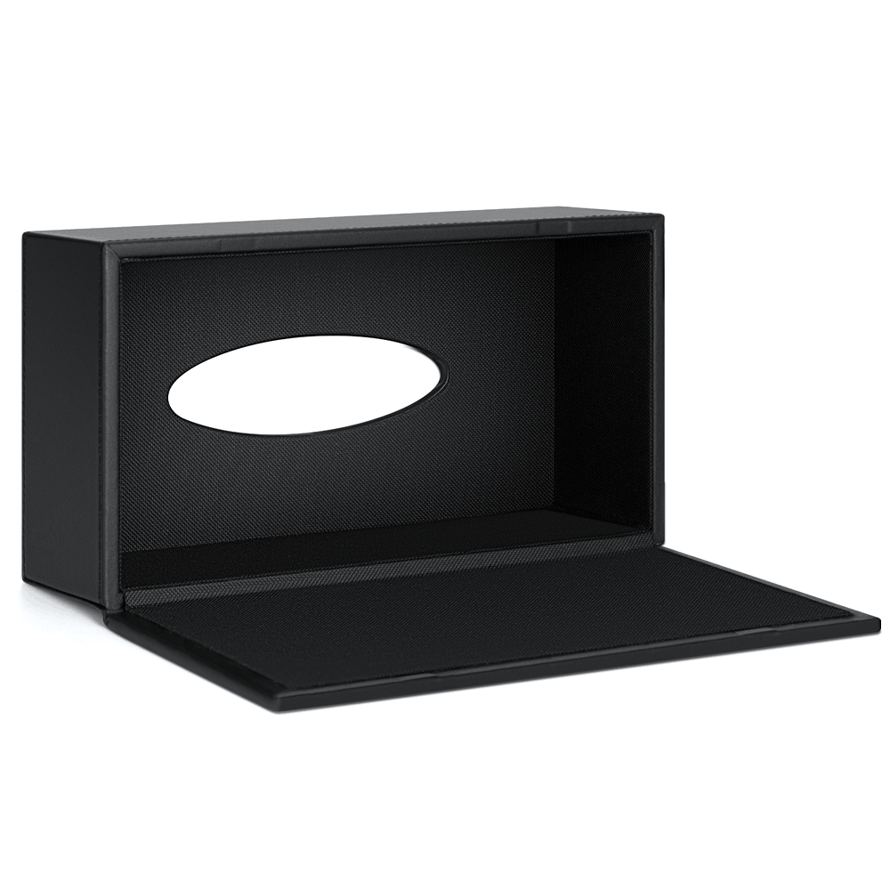 Black SWEEP tissue box cover with its base open for refilling