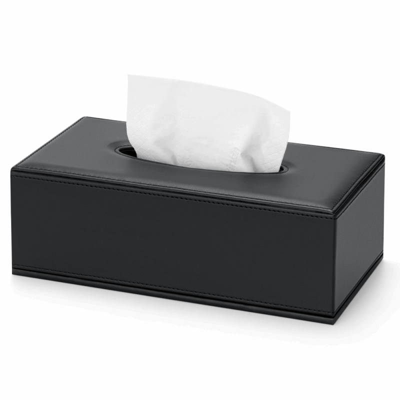 Black SWEEP rectangular tissue box cover with a white tissue through the top opening