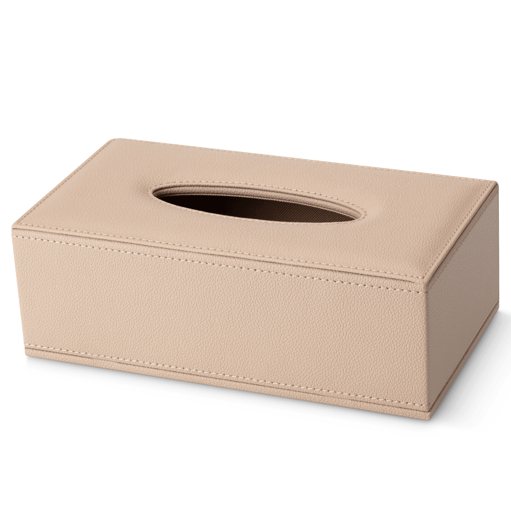 SWEEP Rectangular Leatherette Tissue Box in Warm Beige, showing its oval tissue opening