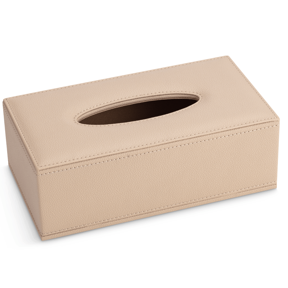 Angled view of the Warm Beige SWEEP tissue box cover with stitched edges