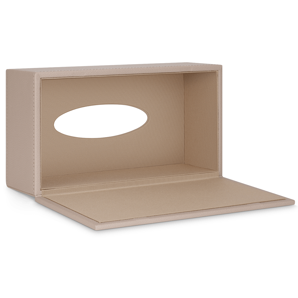 Warm Beige SWEEP rectangular tissue box cover with its base open for refilling