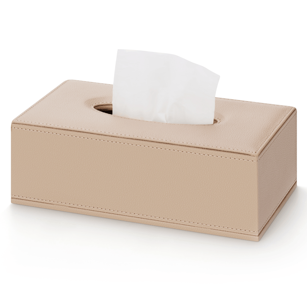 Warm Beige SWEEP tissue box cover with a white tissue through the top opening