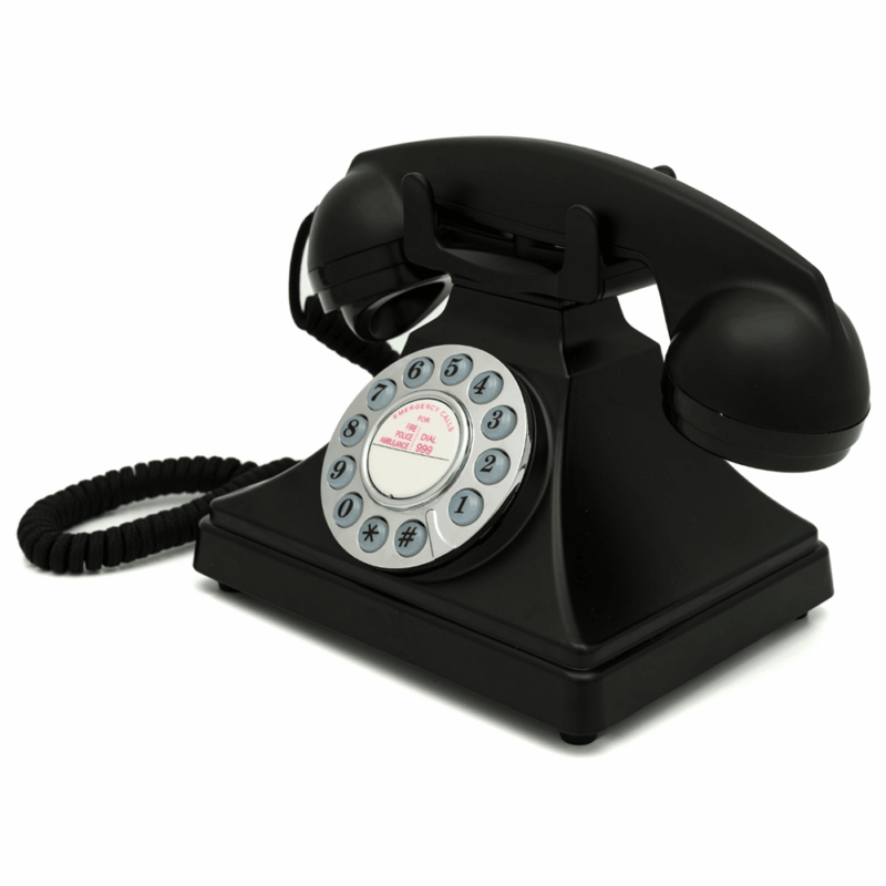 push button telephone in black, 200 SIP phone showing push button dial and cord lead